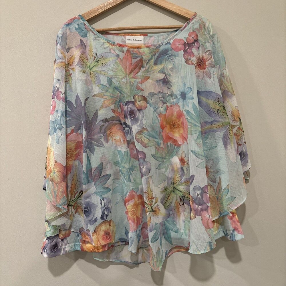 Alfred Dunner‎ Women's Size 24 Flutter Floral Blouse Blue & Pink EUC